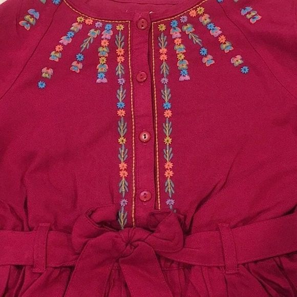 Pink Long Sleeve Button Front Dress w Embroidered Flower Detail and Belted Waist - Picture 13 of 16